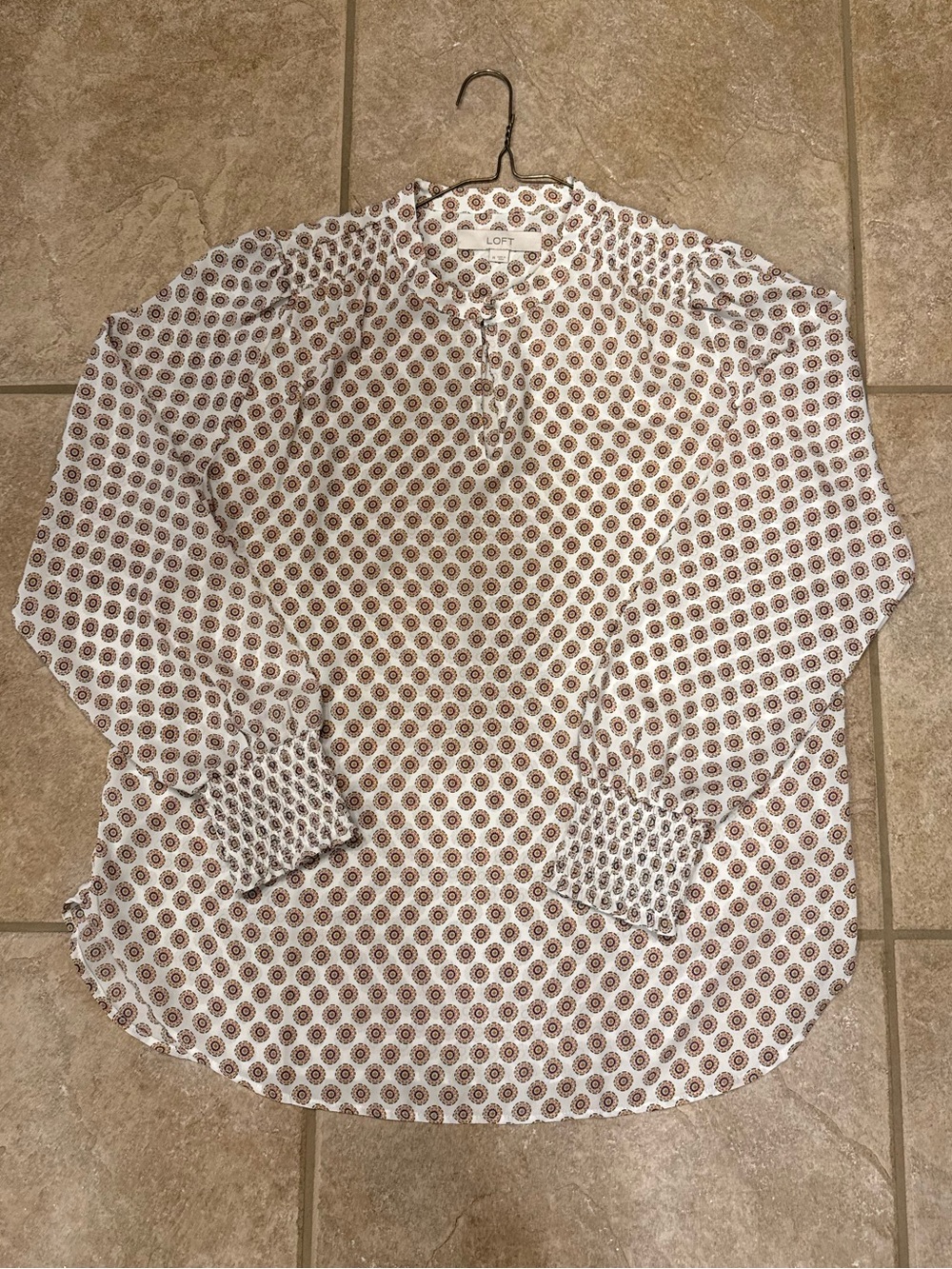 LOFT White Shirt with Brown Geometric Print